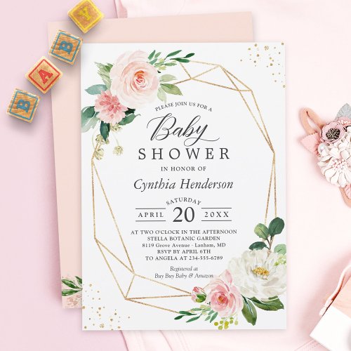 Gold Confetti Geometric Blush Floral Baby Shower Invitation