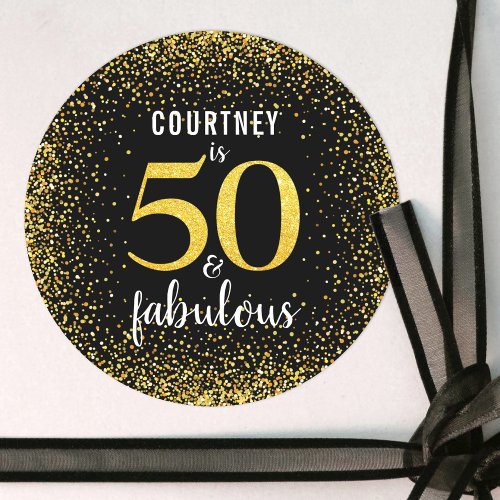 Gold confetti glitter 50 and fabulous script chic classic round sticker