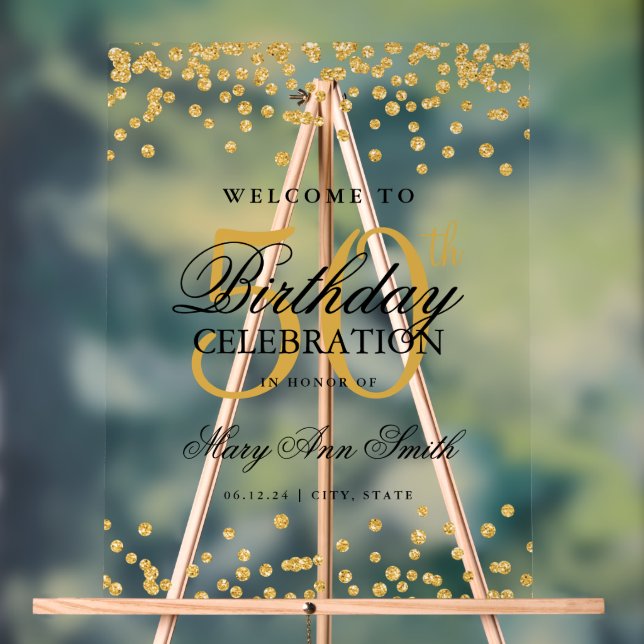 Gold Confetti Glitter 50th Birthday Party Welcome  Acrylic Sign (Neutral)