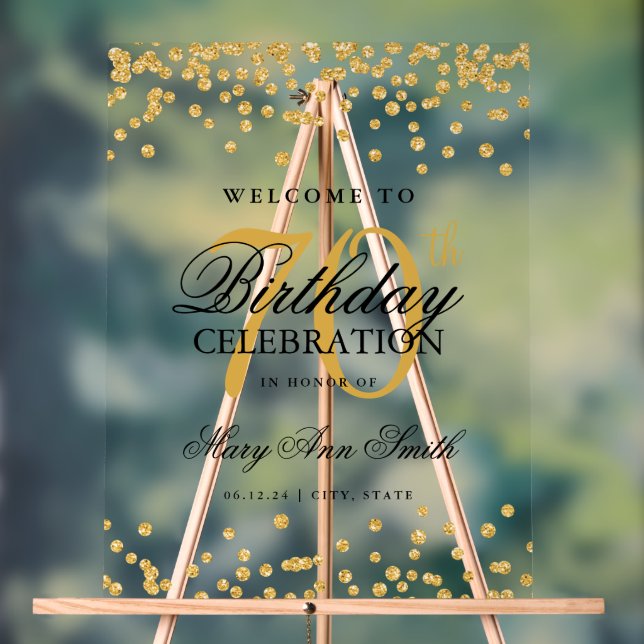 Gold Confetti Glitter 70th Birthday Party Welcome  Acrylic Sign (Neutral)