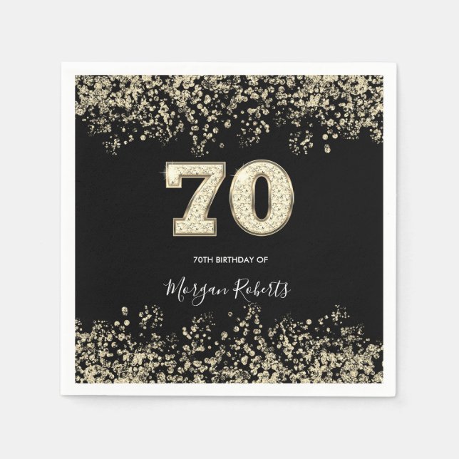 Gold Confetti Glitter Black 70th Birthday Party Napkins (Front)