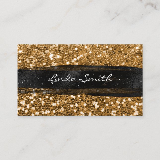 Gold Confetti Glitter Black Brush Strokes Business Card (Front)