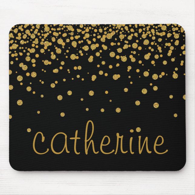 Gold Confetti Glitter Black Faux Foil Glittery Mouse Pad (Front)