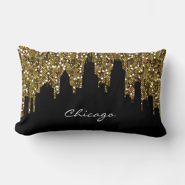 Gold Confetti Glitter Chicago Skyline Landmark Lumbar Pillow (Front)