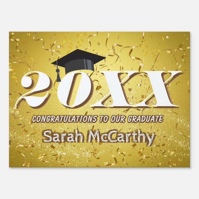 Gold Confetti Glitter Class of 2025 Graduation Cap Sign (Front)