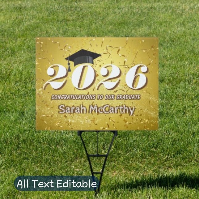 Gold Confetti Glitter Class of 2026 Graduation Cap Sign (Creator Uploaded)