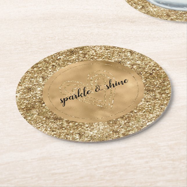 Gold Confetti Glitter Heart Round Paper Coaster (Angled)