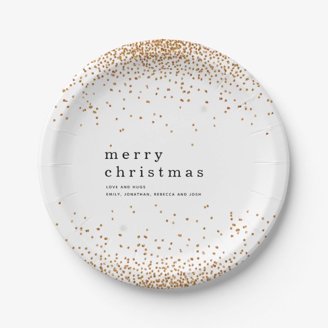 Gold Confetti Glitter Name Merry Christmas Paper Plates (Front)