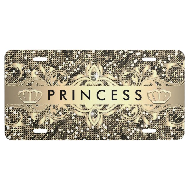 Gold Confetti Glitter Princess | Personalize License Plate (Front)