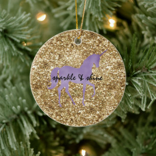 Gold Confetti Glitter Purple Unicorn Ceramic Ornament