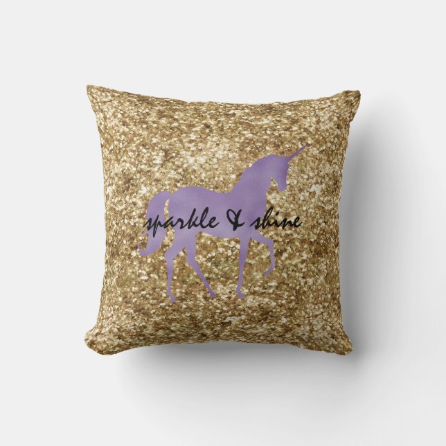 Gold Confetti Glitter Purple Unicorn Throw Pillow (Front)
