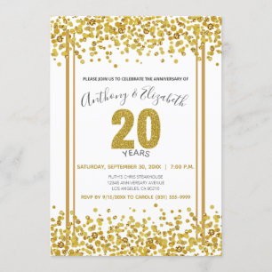 Gold Confetti Glitter-Style 20th Anniversary Party Invitation