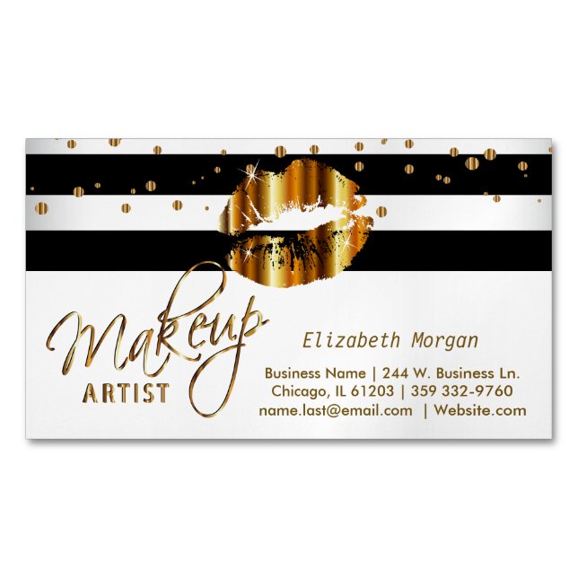 Gold Confetti & Gold Lips - Makeup Artist Business Card Magnet (Front)