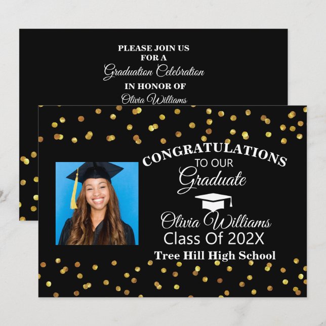 Gold Confetti Graduate Photo Graduation Party Invitation (Front/Back)