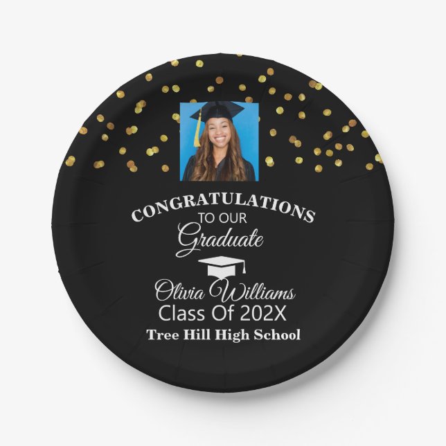 Gold Confetti Graduate Photo Graduation Party Paper Plates (Front)
