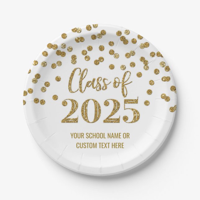 Gold Confetti Graduation 2025 Paper Plates (Front)