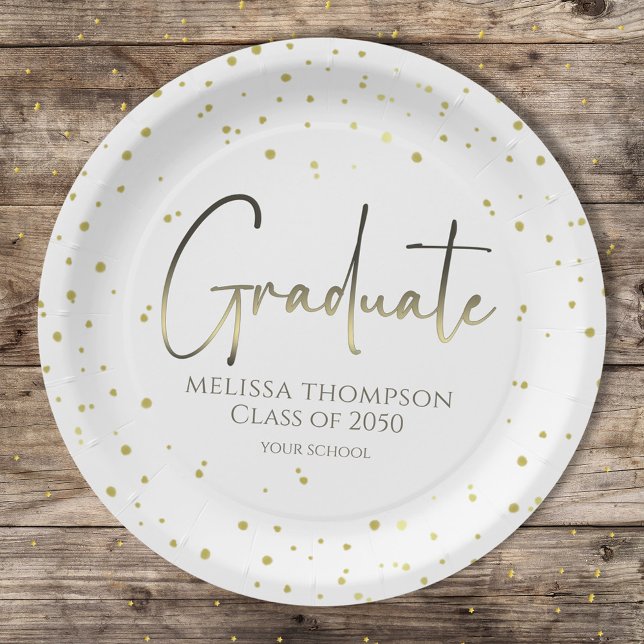 Gold Confetti Graduation Calligraphy Modern  Paper Plates (Gold confetti graduation plates with modern calligraphy for Class of celebrations.)
