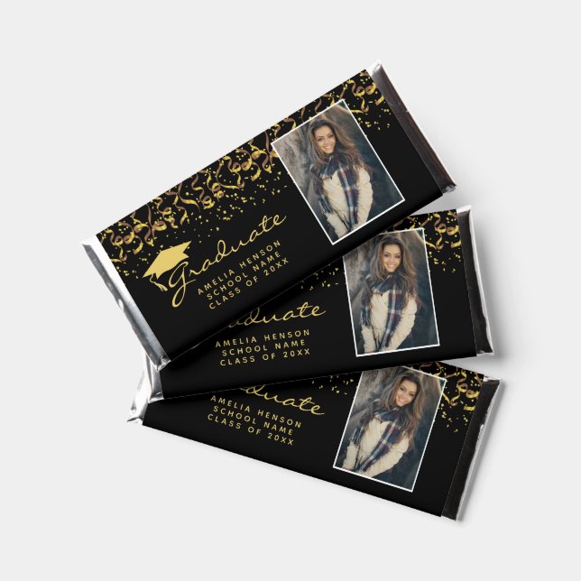 Gold Confetti Graduation Cap Graduate Photo Hershey Bar Favors (Front)