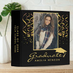 Gold Confetti Graduation Graduate Photo Album 3 Ri 3 Ring Binder<br><div class="desc">Gold Confetti Golden Black Graduation Graduate Photo Album. Trendy golden script with golden confetti an golden graduation cap on black background. Add your favorite photo and personalize it with your grad’s name,  class year and name of the school. Personalize the special message on the backside or erase it.</div>