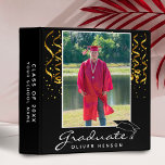 Gold Confetti Graduation Graduate Photo Album 3 Ring Binder<br><div class="desc">Gold Confetti Graduation Graduate Photo Album. Trendy white script on black background with golden confetti. Add your favorite photo and personalize it with your grad’s name,  class year and name of the school. Personalize the special message on the backside or erase it.</div>