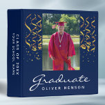 Gold Confetti Graduation Graduate Photo Album 3 Ring Binder<br><div class="desc">Gold Confetti Navy Blue Graduation Graduate Photo Album. Trendy white script on navy blue background with golden confetti. Add your favorite photo and personalize it with your grad’s name,  class year and name of the school. Personalize the special message on the backside or erase it.</div>