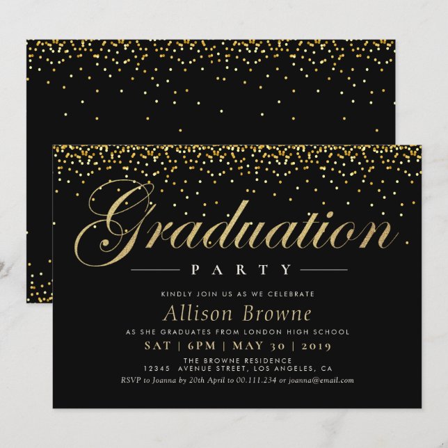 gold confetti graduation party invitation (Front/Back)