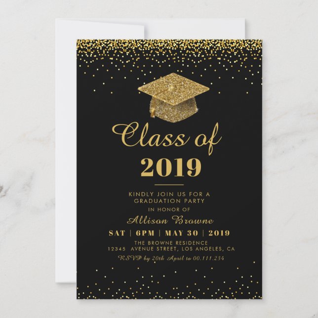 gold confetti graduation party invitation (Front)