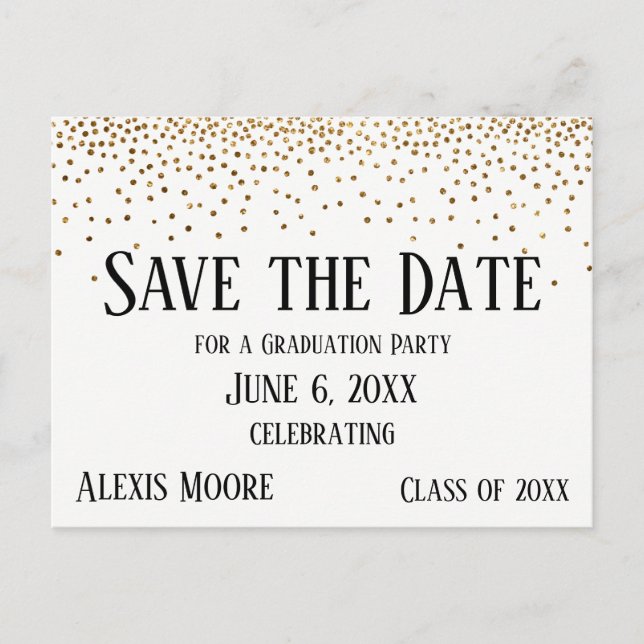 Gold Confetti Graduation Party Save the Date Postcard (Front)