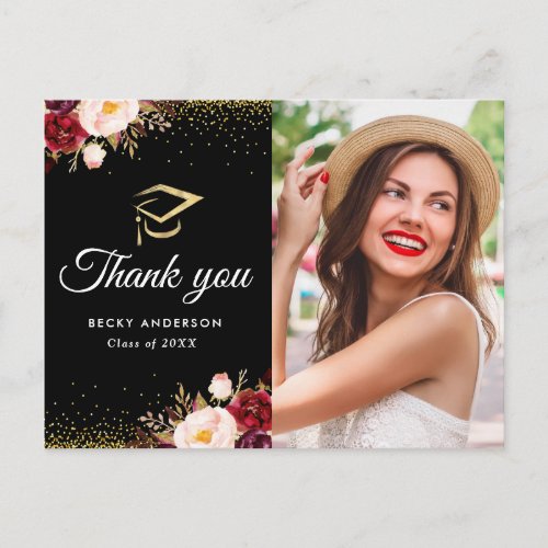 gold confetti graduation photo thank you postcard