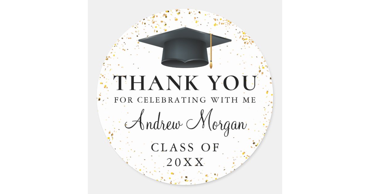 Gold confetti Graduation Thank You Classic Round Sticker | Zazzle