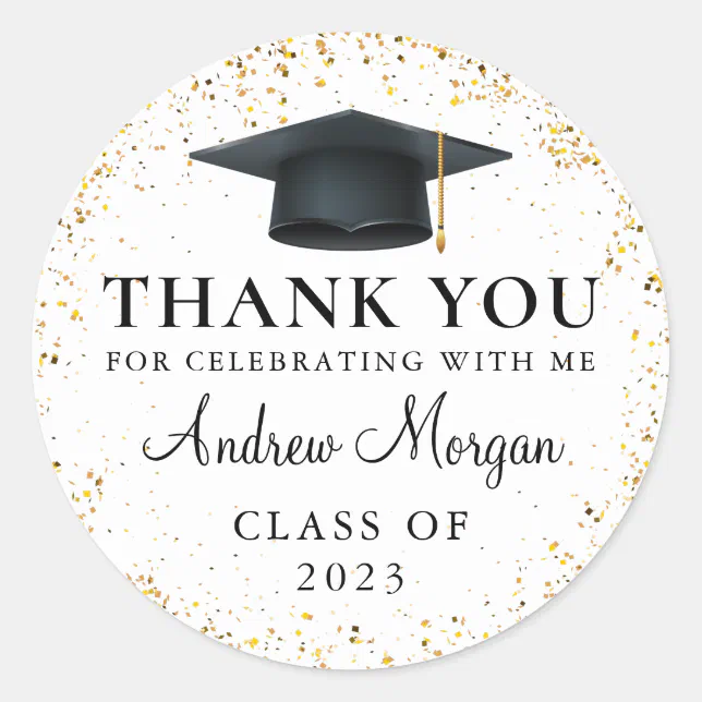 Gold confetti Graduation Thank You Classic Round Sticker | Zazzle