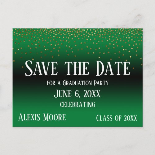 Gold Confetti Green Graduation Save the Date Postcard