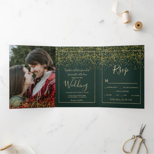 gold confetti  green typography photo wedding Tri_Fold invitation