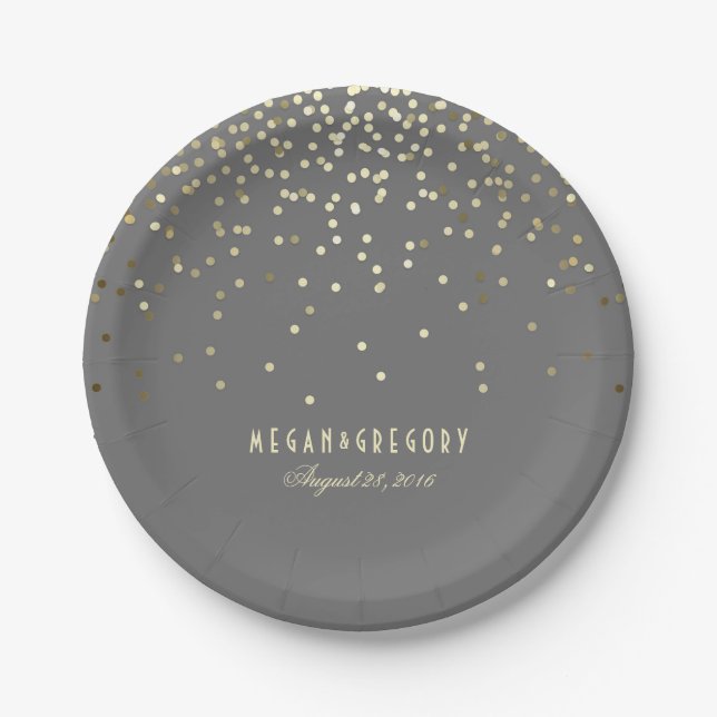 Gold Confetti Grey Elegant Glamour Wedding Paper Plates (Front)