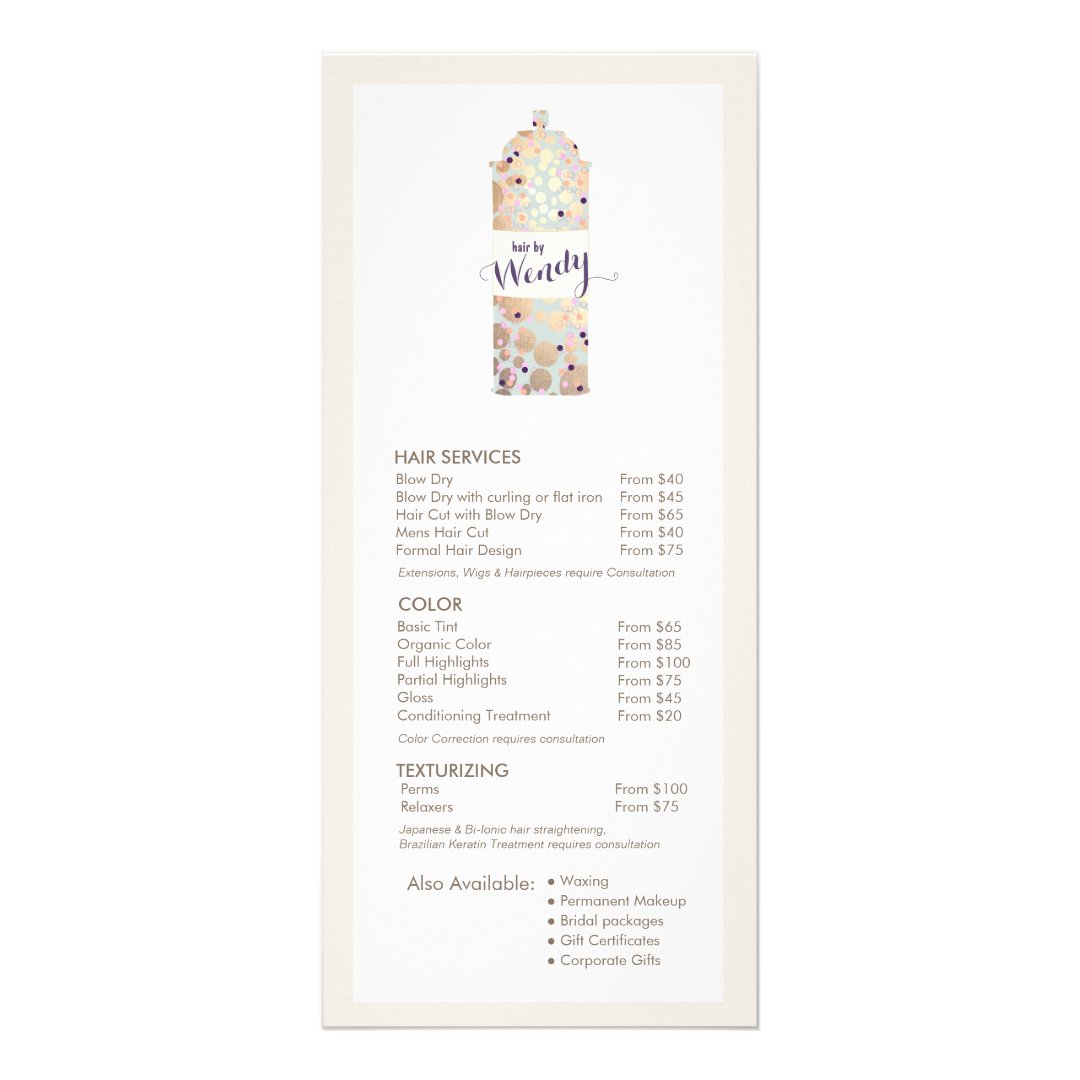 Gold Confetti Hair Spray Hair Salon Service Menu Zazzle