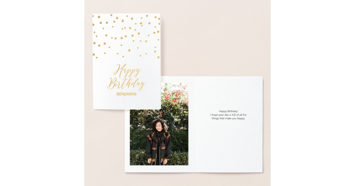 Gold Confetti Happy Birthday Photo Foil Card | Zazzle