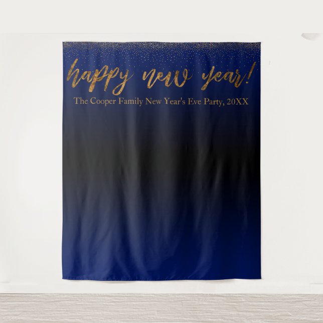 Gold Confetti Happy New Year! Black Blue Backdrop (Front)