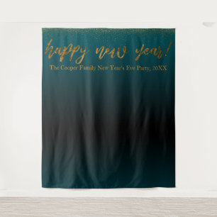 Gold Confetti Happy New Year! Black Teal Backdrop