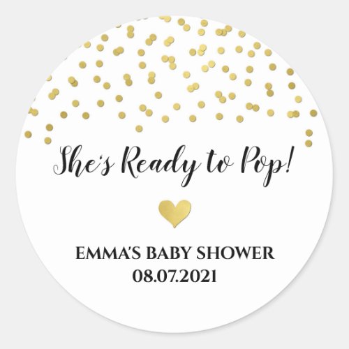 Gold Confetti Heart Shes Ready to Pop Classic Round Sticker