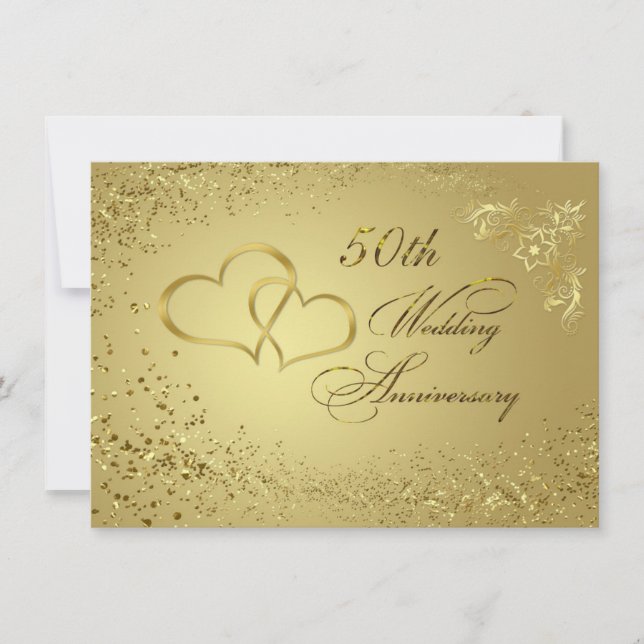 Gold confetti hearts 50 Wedding Anniversary Invite (Front)