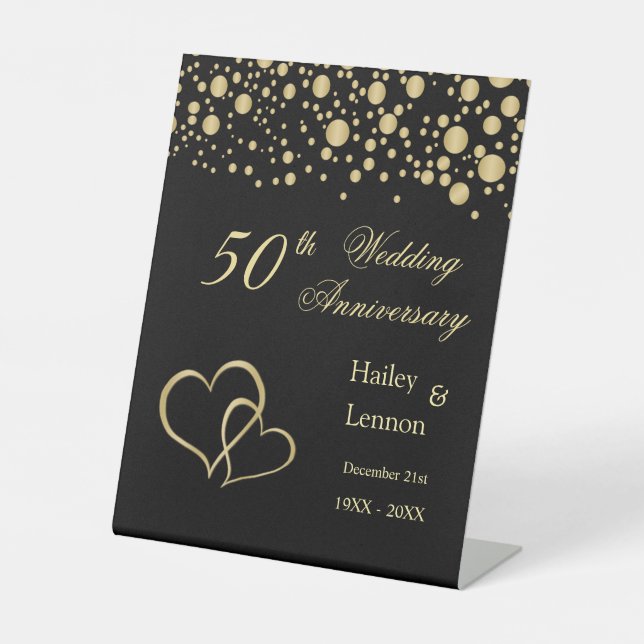 Gold Confetti Hearts 50th Wedding Anniversary Pedestal Sign (Front)