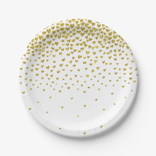 Gold Confetti Hearts Paper Plates (Front)