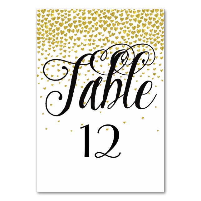 Gold Confetti Hearts table number (Front)