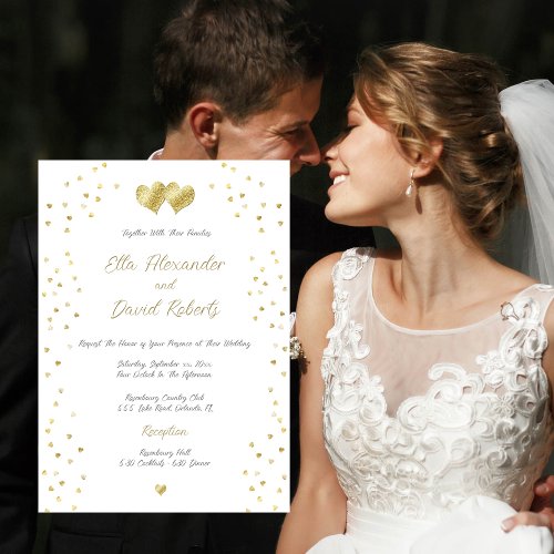 Gold Confetti Hearts Wedding Invitation
