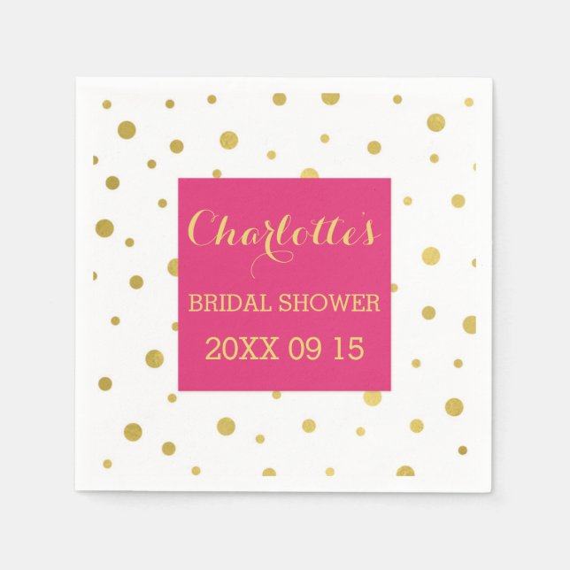 Gold Confetti Hot Pink Bridal Shower Paper Napkins (Front)