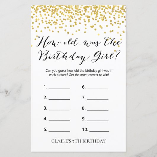 Gold Confetti How old was the Birthday Girl Game (Front)