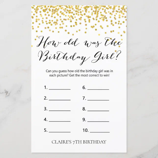 Gold Confetti How old was the Birthday Girl Game | Zazzle