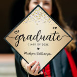 Gold Confetti Jewels Modern Elegant Script Hearts Graduation Cap Topper<br><div class="desc">Your favorite grad will stand out and make a statement when they wear this graduation cap topper! Let them celebrate their milestone with this girly, stunning, simple, modern, custom graduation keepsake. A fun, playful visual of black script handwriting and cute, playful hearts, along with her name and class year, overlay...</div>