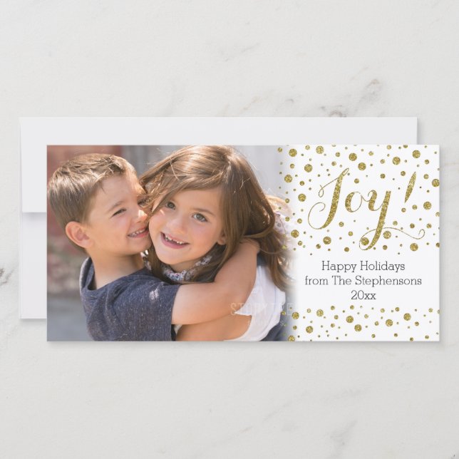 Gold Confetti Joy Holiday Photo Card (Front)