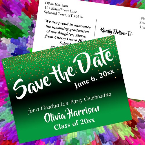 Gold Confetti Kelly Green Graduation Save the Date Postcard